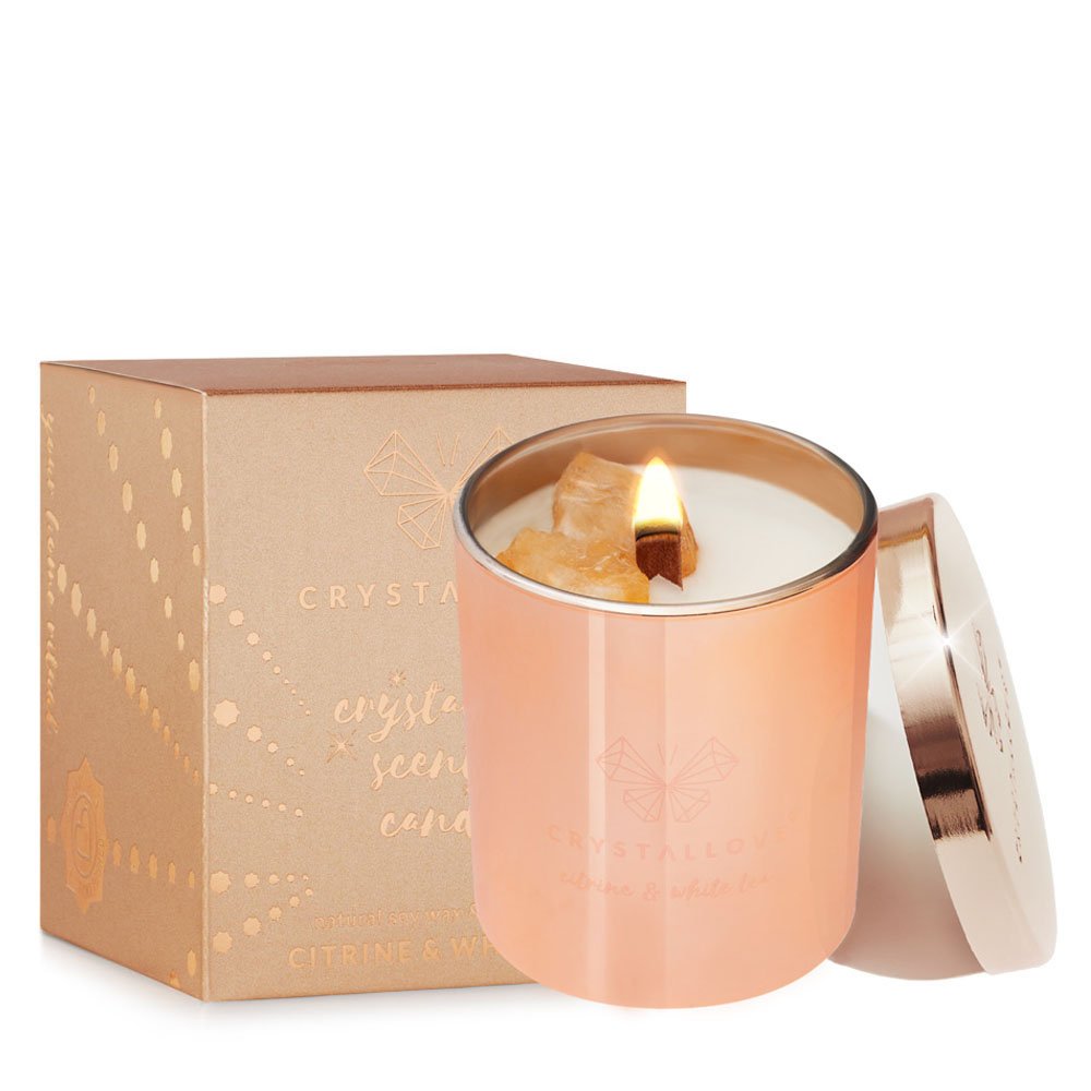 CRYSTALLOVE Citrine and white tea soy candle & rose Limited Edition