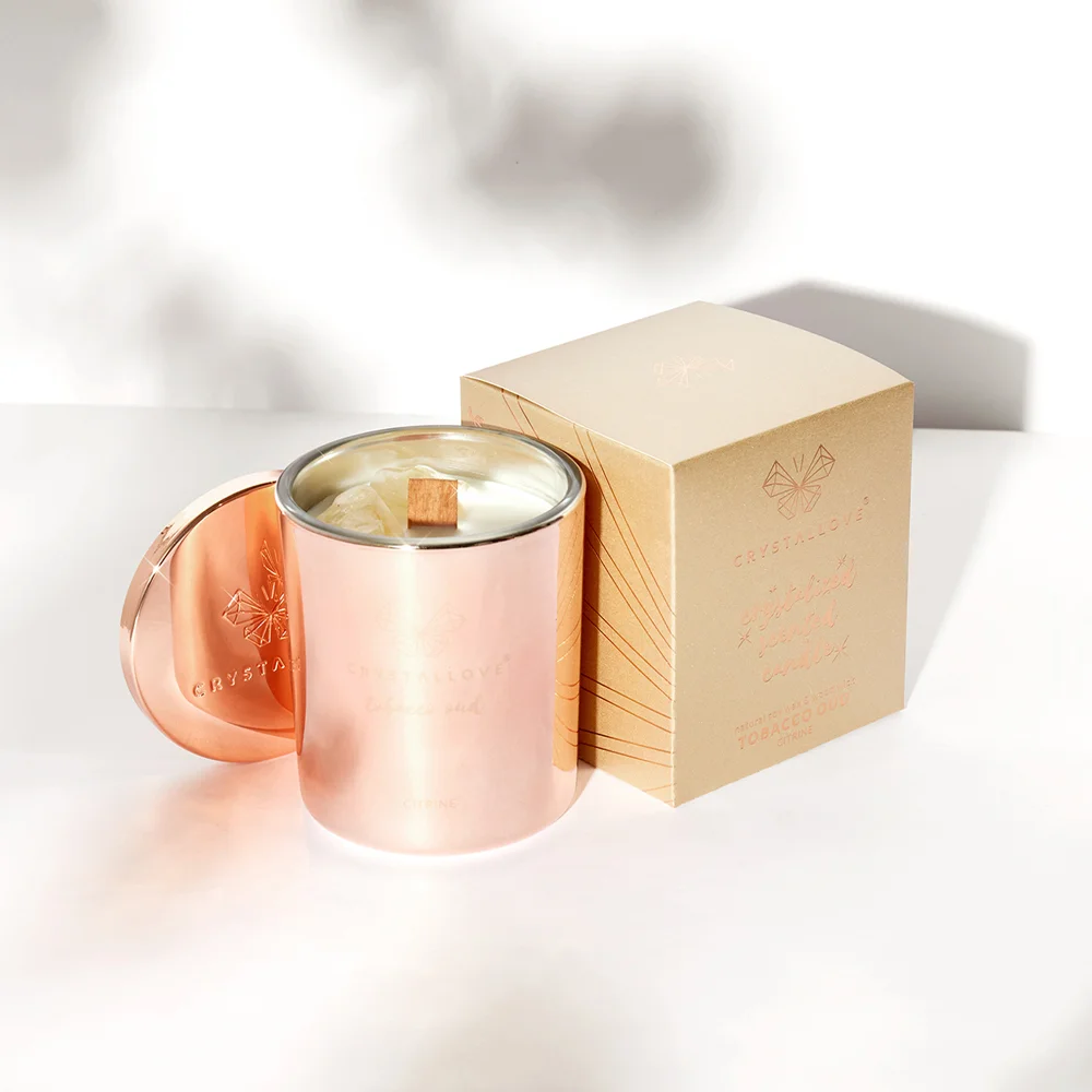CRYSTALLOVE Soy candle with citrine – tobacco oud 400g